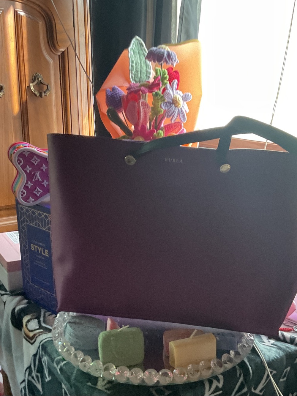 Furla Plum Leather Tote with Dark Handles